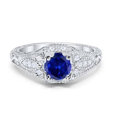 Vintage Design Solitaire Wedding Ring Simulated Blue Sapphire CZ 925 Sterling Silver